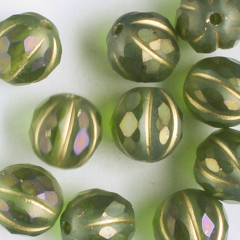 8mm Faceted Melon - Avocado with Gold Luster - Qty 10