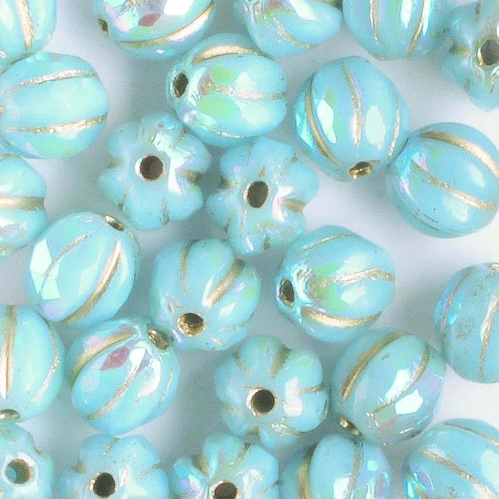 6mm Faceted Melon Bead - Turquoise and Gold - qty 25