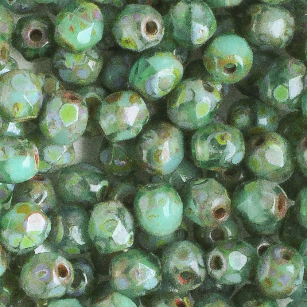 4mm Round Fire Polish Sea Green Picasso - 100 beads