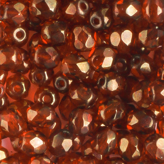4mm Round Fire Polish Ruby Red Gold Luster - 100 beads