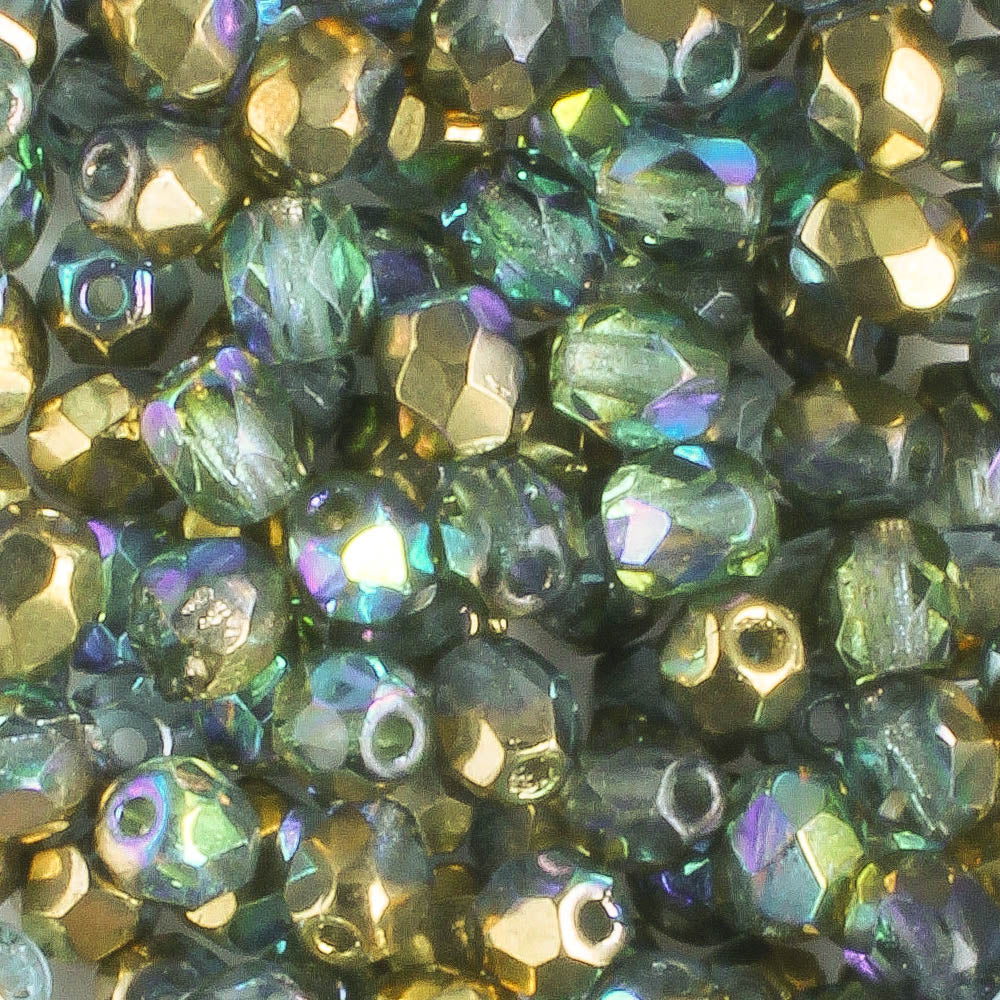 4mm Round Fire Polish Blue Green Gold Luster - 100 beads