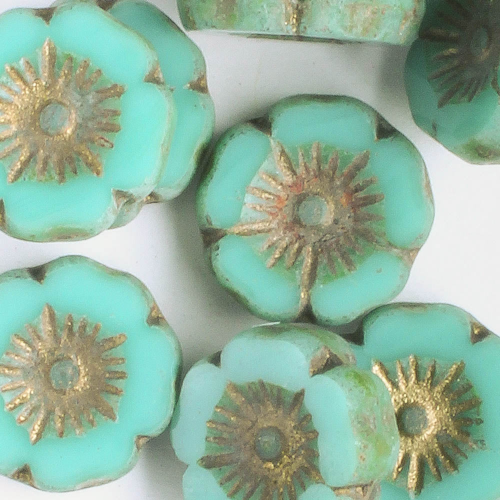 12mm Hibiscus Flower - Sea Green Picasso - qty 8
