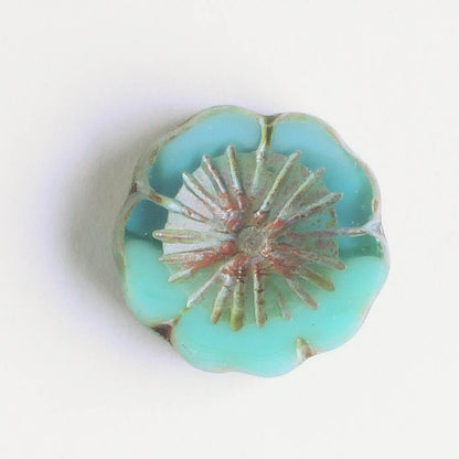 14mm Hibiscus Flower - Sea Green Picasso - each