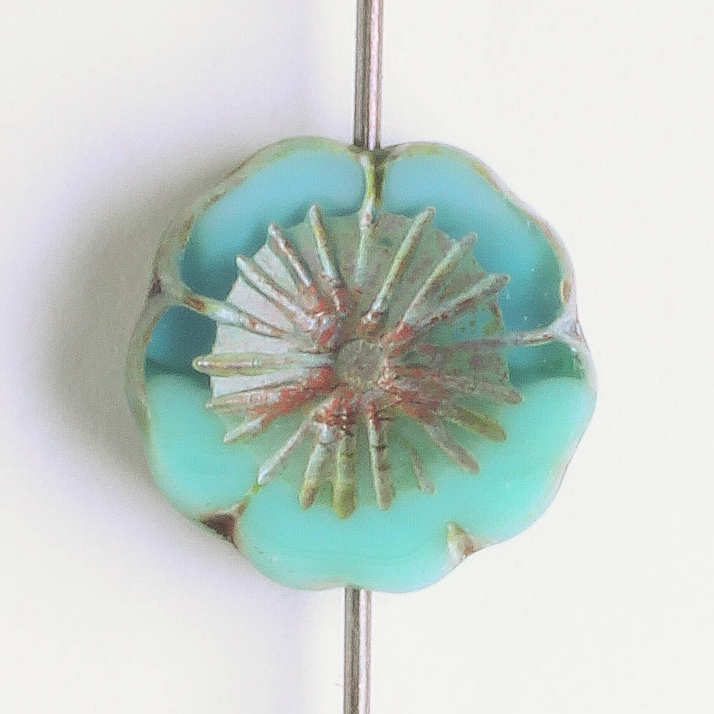 14mm Hibiscus Flower - Sea Green Picasso - each