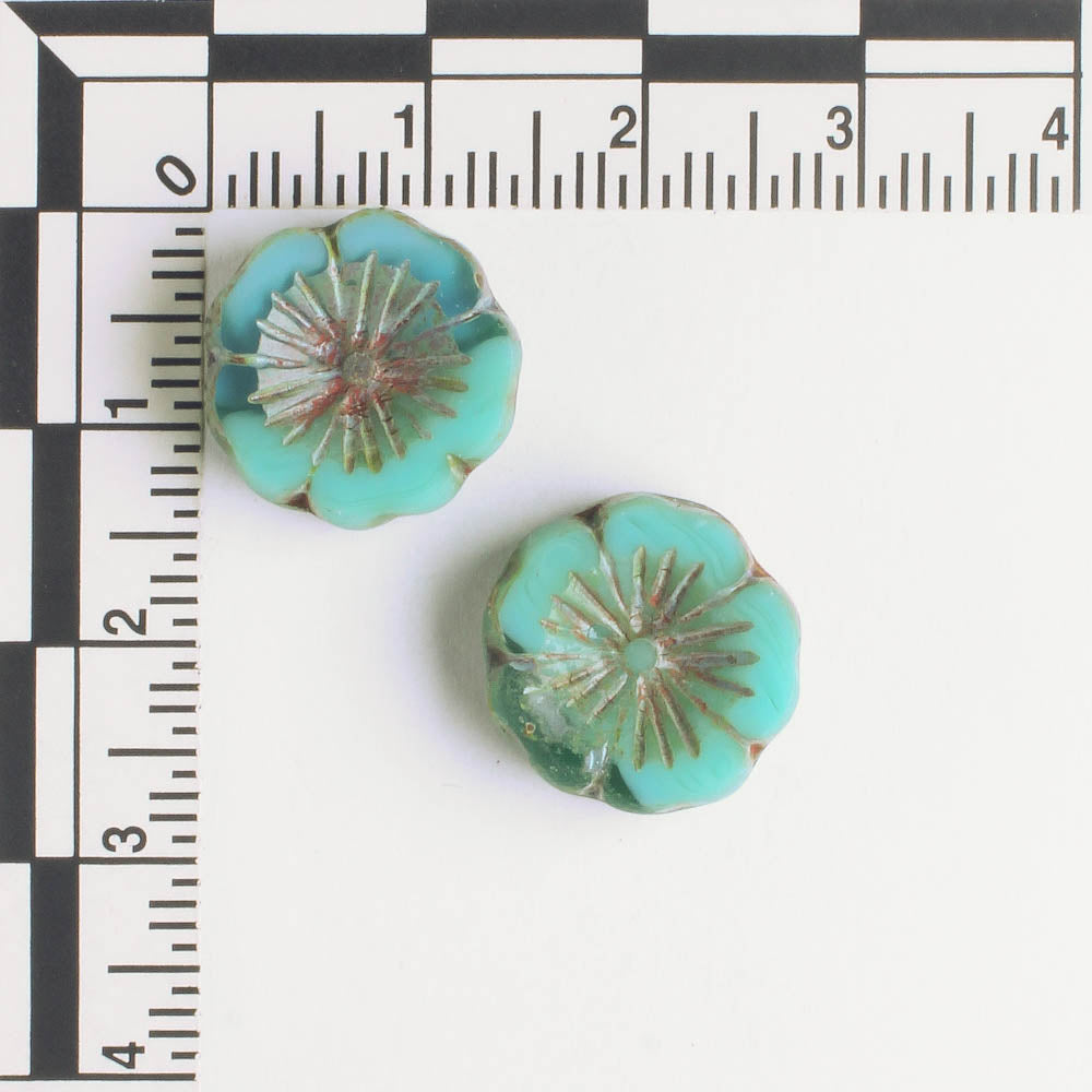 14mm Hibiscus Flower - Sea Green Picasso - each