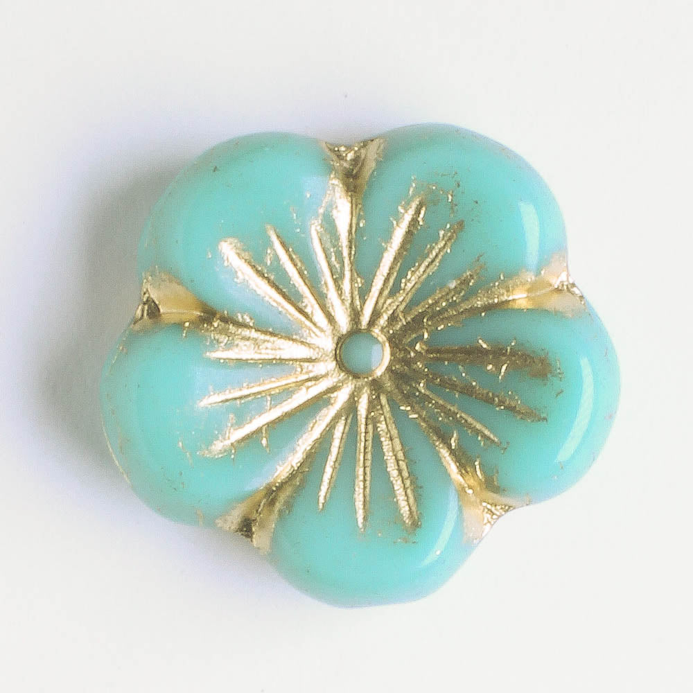 21mm Hibiscus Flower - Turquoise and Gold - each