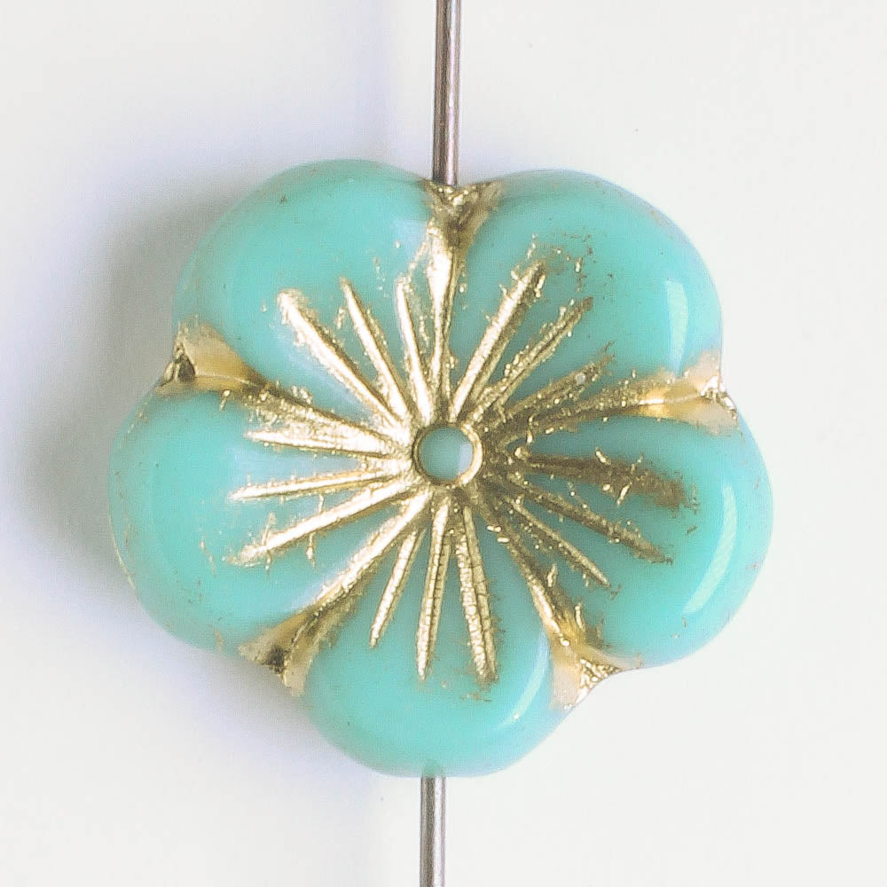 21mm Hibiscus Flower - Turquoise and Gold - each
