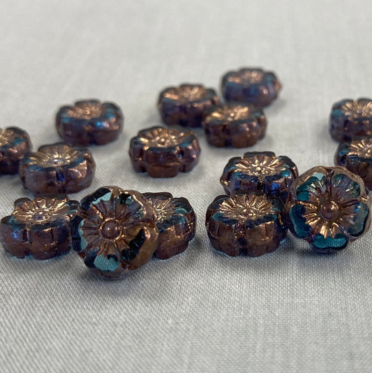 9mm Hibiscus Flower - Pale Blue with Copper - qty 16