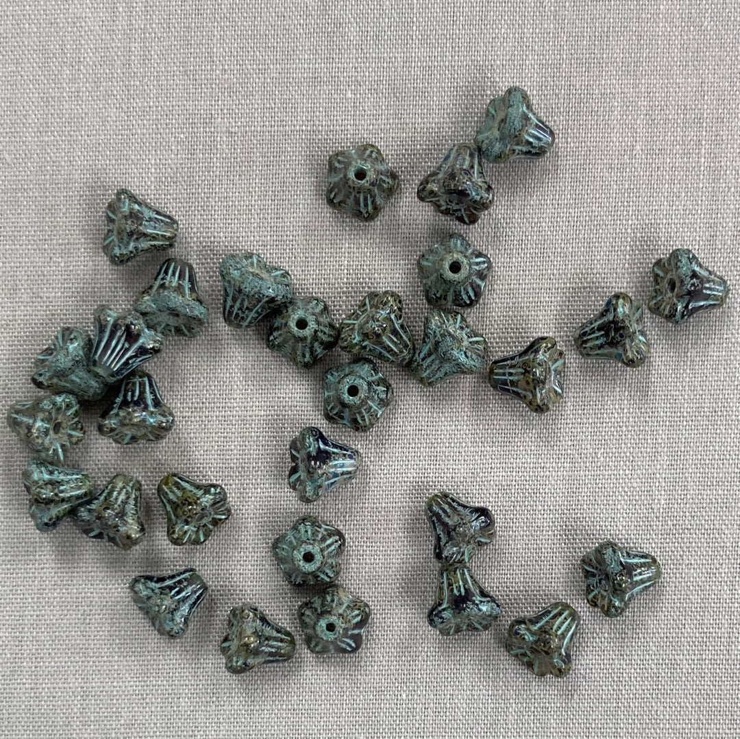 5x6mm Bell Flowers - Black Picasso with Turquoise - qty 30