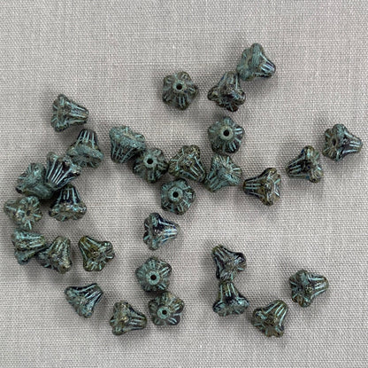 5x6mm Bell Flowers - Black Picasso with Turquoise - qty 30