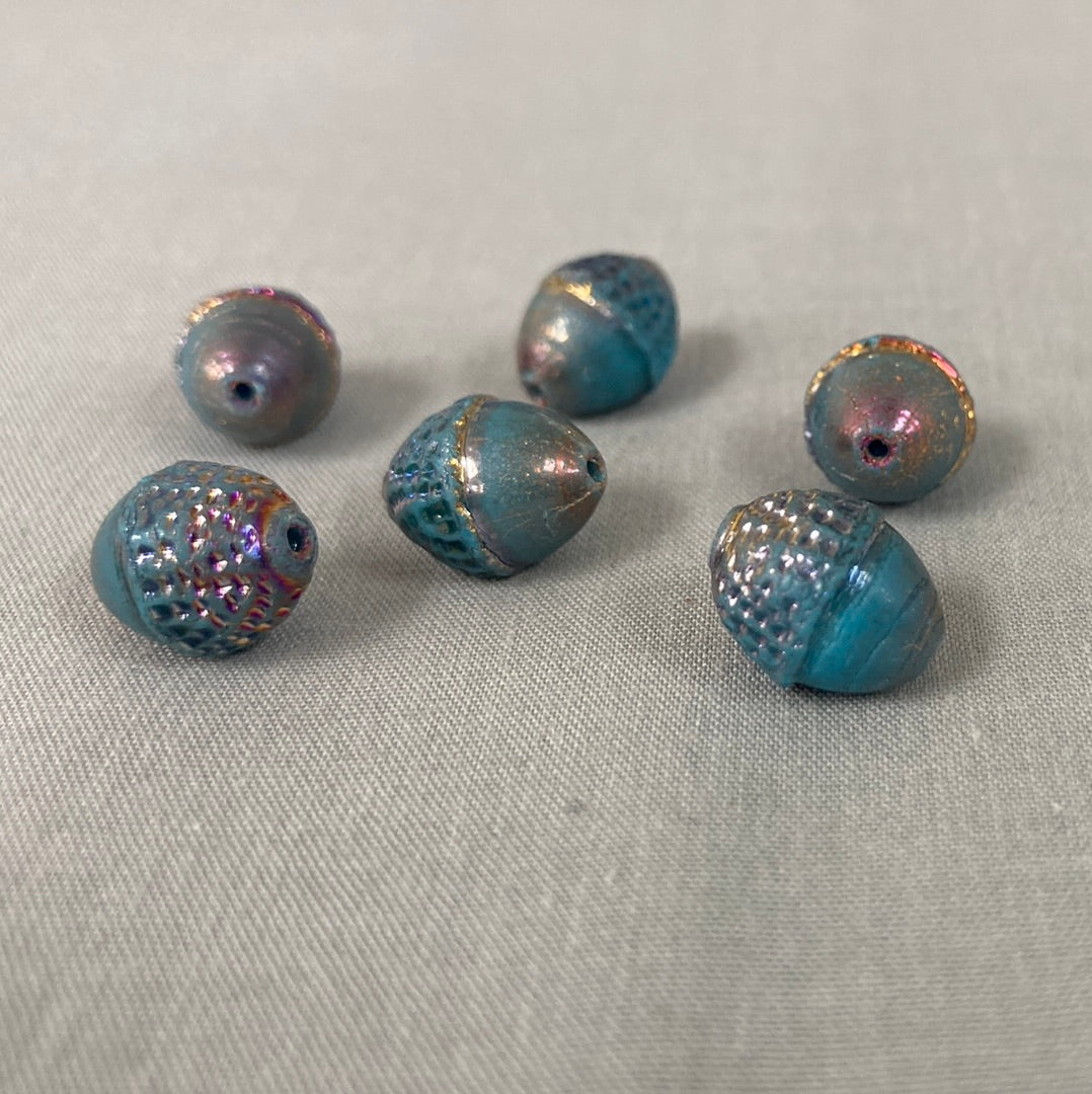 Czech Glass Acorn Bead - Sky Blue AB Gold - each