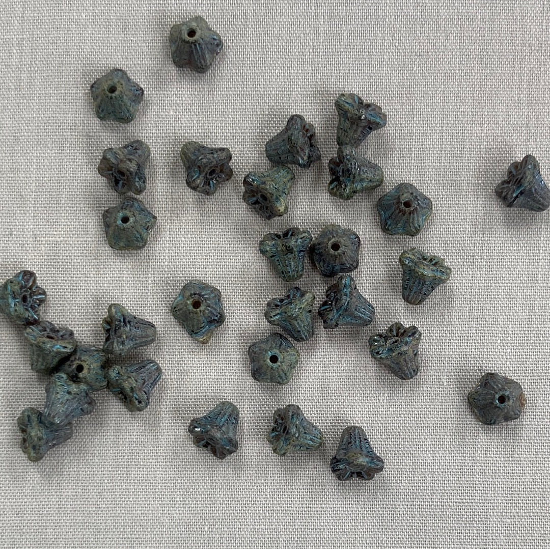 5x6mm Bell Flowers - Black Picasso with Turquoise - qty 30