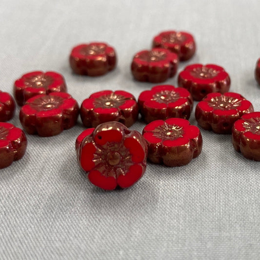 9mm Hibiscus Flower - Scarlet Red with Bronze - qty 16