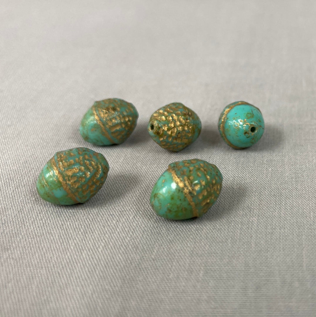 Czech Glass Acorn Bead - Tea Green Picasso - each