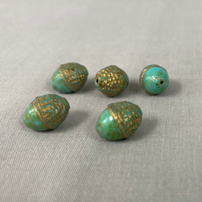 Czech Glass Acorn Bead - Tea Green Picasso - each