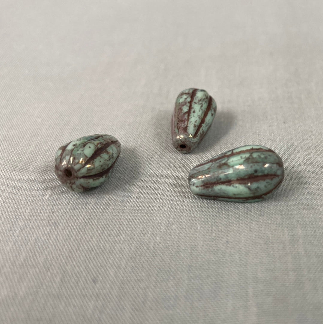 Czech Glass Melon Drop Bead - Pale Blue Green with Gold - each
