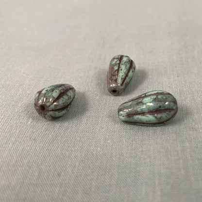 Czech Glass Melon Drop Bead - Pale Blue Green with Gold - each