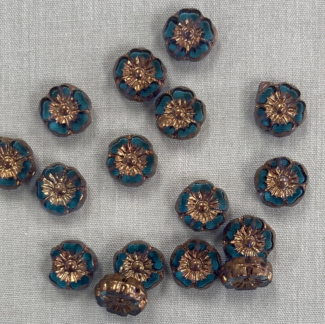 9mm Hibiscus Flower - Pale Blue with Copper - qty 16