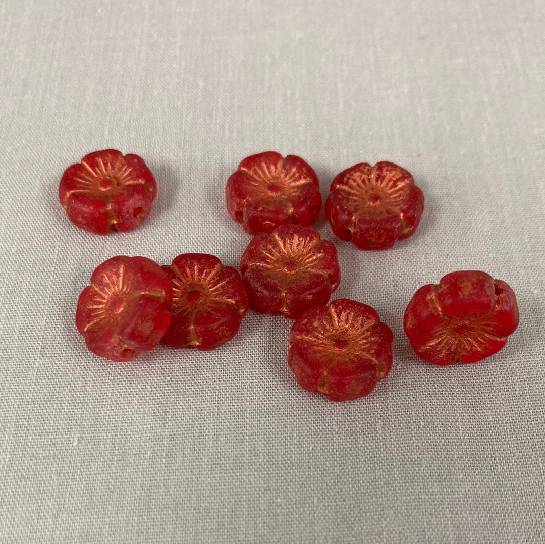 12mm Hibiscus Flower - Red and Copper - qty 8