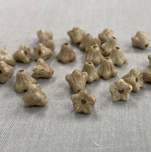 5x6mm Bell Flowers - Ivory and Gold with Etched Finish - qty 30