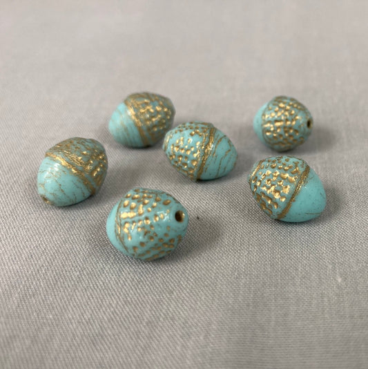 Czech Glass Acorn Bead - Sky Blue with Gold - each