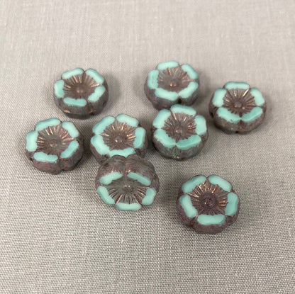 12mm Hibiscus Flower - Blue/Green - qty 8