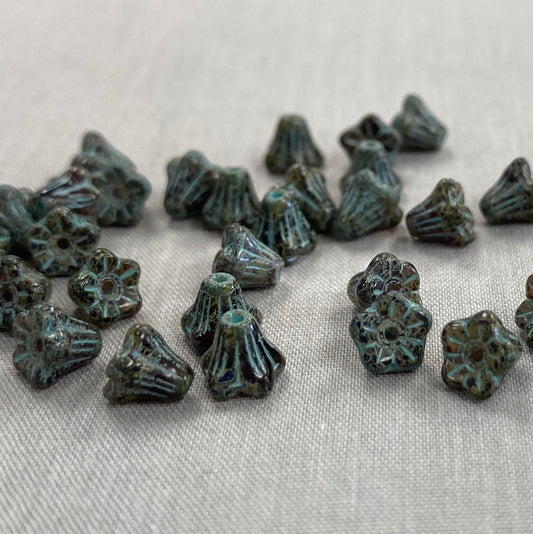 5x6mm Bell Flowers - Black Picasso with Turquoise - qty 30