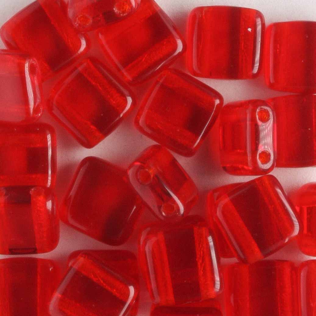 2 Hole Tile Transparent Red - 25 beads