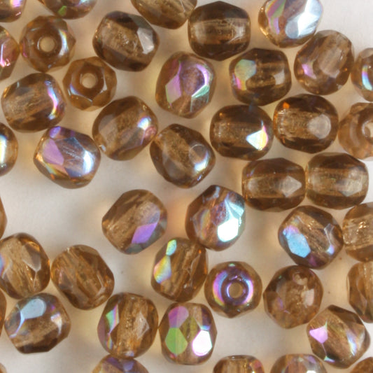 4mm Round Fire Polish Smoked Topaz AB - 100 beads