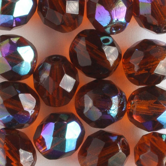 8mm Round Fire Polish Brown - 15 beads