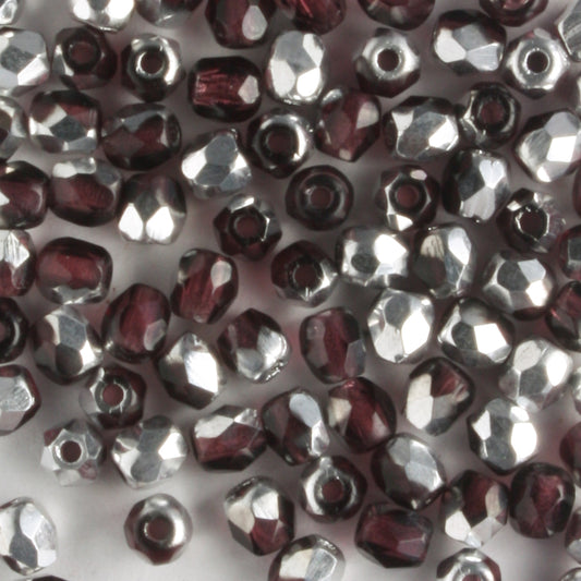 3mm Round Fire Polish Purple Silver - 100 beads