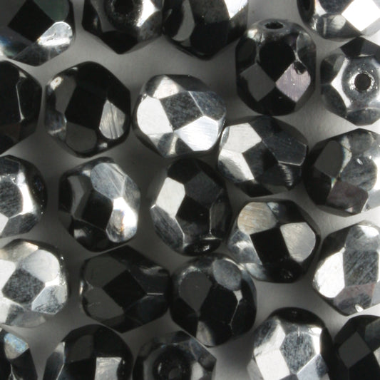 6mm Round Fire Polish Black/Silver - 25 beads