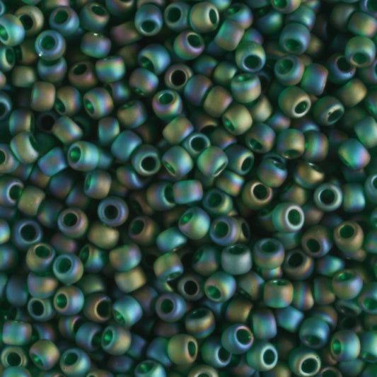 11/0 Transparent Frosted Rainbow Green Emerald - 10 grams