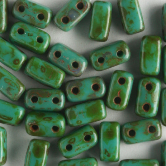 2 Hole Brick Persian Turquoise Picasso - 50 beads