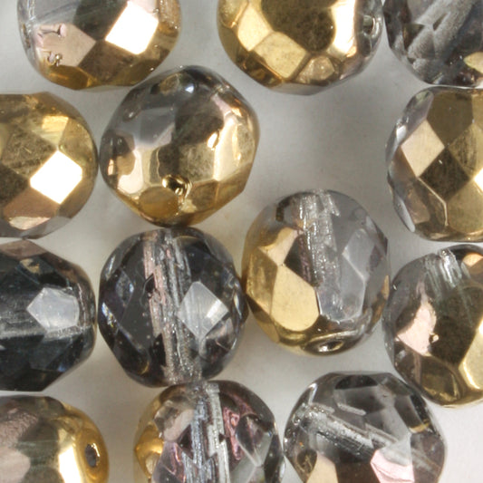 8mm Round Fire Polish Gray/Gold - 15 beads