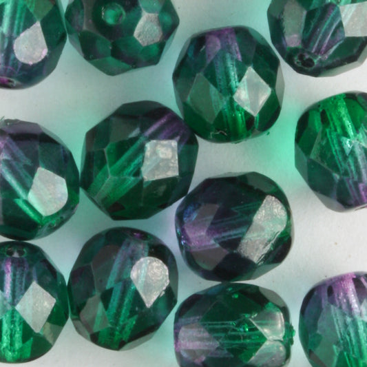 8mm Round Fire Polish Green/Purple - 15 beads