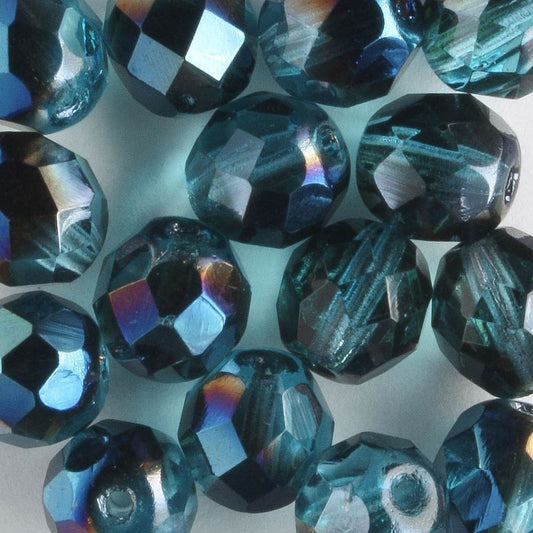 8mm Round Fire Polish Black/Teal - 15 beads