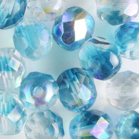 8mm Round Fire Polish Clear/Aqua - 15 beads