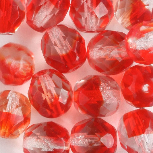 8mm Round Fire Polish Clear/Red - 15 beads