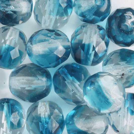 8mm Round Fire Polish Clear/Aqua - 15 beads