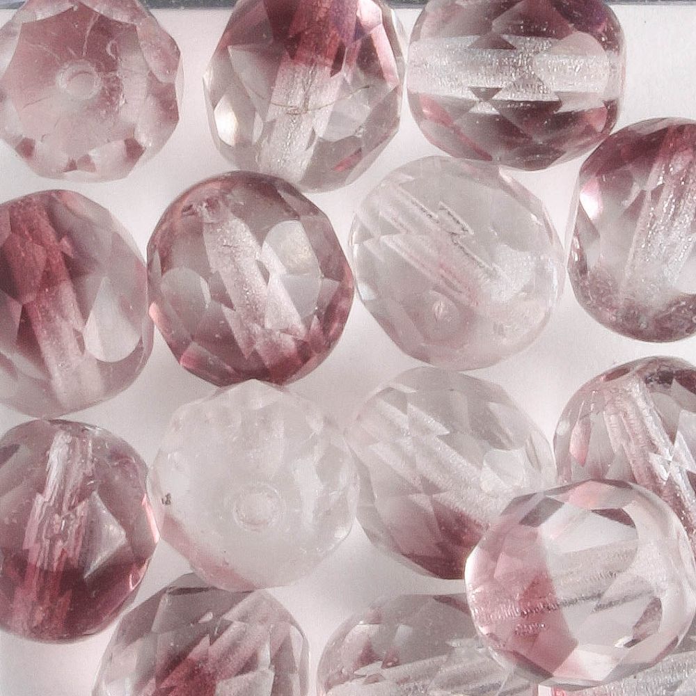 8mm Round Fire Polish Clear/Amethyst - 15 beads
