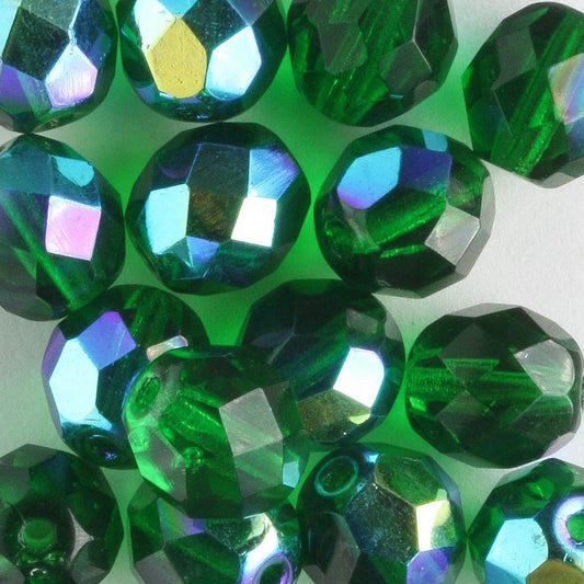 8mm Round Fire Polish Emerald AB - 15 beads