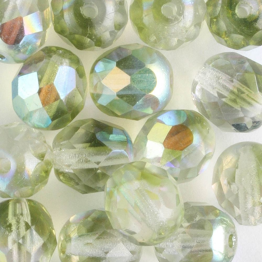 8mm Round Fire Polish Clear/Green - 15 beads
