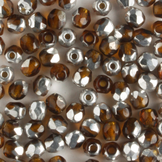 3mm Round Fire Polish Brown/Silver - 100 beads