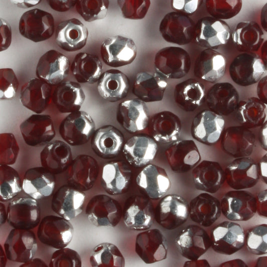 3mm Round Fire Polish Garnet/Silver - 100 beads