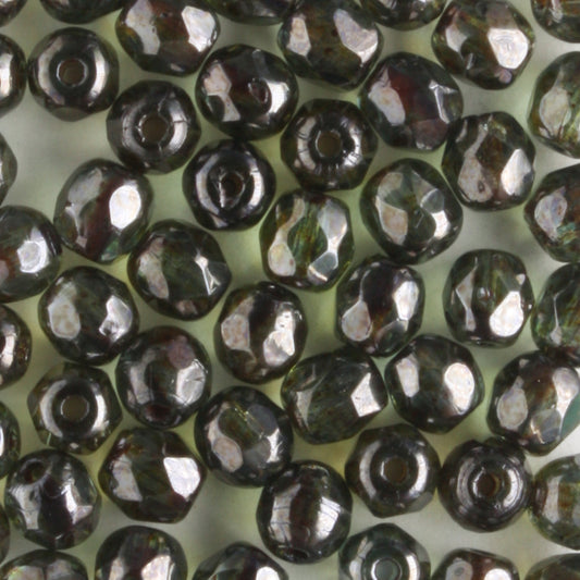 4mm Round Fire Polish Fern Green Luster - 100 beads