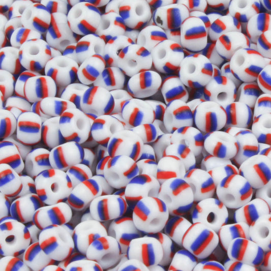 8/0 White with Red and Blue Stripe - 10 grams