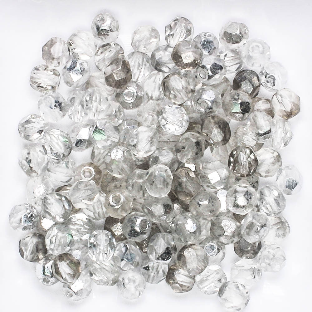 5mm Round Fire Polish Silver/Clear - 100 beads