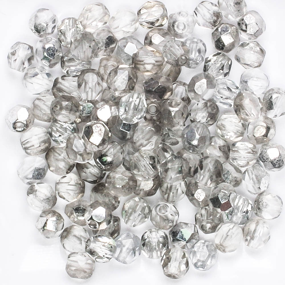 5mm Round Fire Polish Clear/Silver - 100 beads